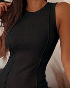 Women's Ribbed Tank Dress Sleeveless Crew Neck Bodycon Mini Dress Solid Slim Fit Stretchy Layering Casual Dress