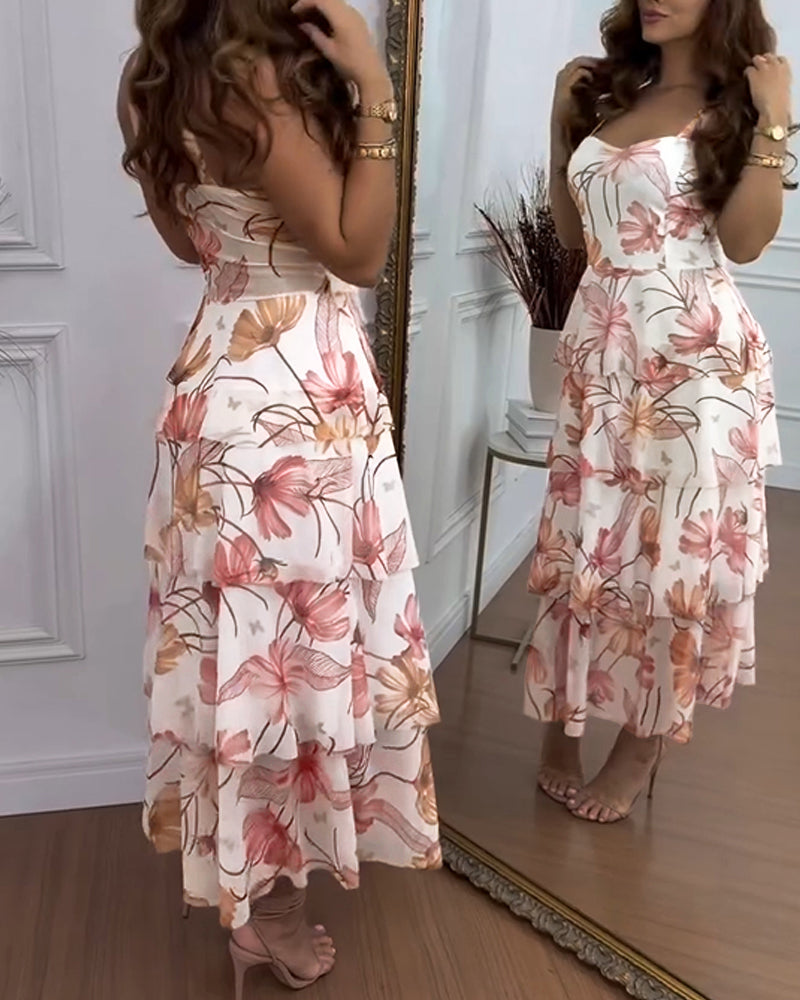 CHICME Women's Floral Print Mesh Tiered Maxi Dress High Waist Ruffle Hem Camisole Dress Sleeveless Sweetheart Neck Vacation Sundress