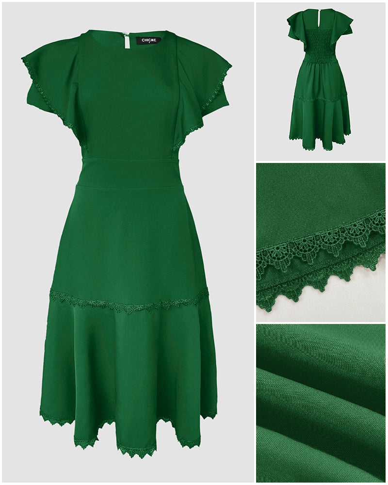 Butterfly Sleeve Hollow-out Back Shirred Dress Casual Cinched Waist Lace Trim Ruffle Hem Commuting Dress
