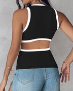 Women's Ribbed Contrast Trim Tank Top Sleeveless Crew Neck Cutout Slim Fit Stretch Casual Top