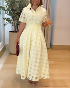 Turn-down Collar Plaid Mesh Double-Layered Cinched Waist Maxi Dress Button Down Bow Tie Waist Commuting Dress