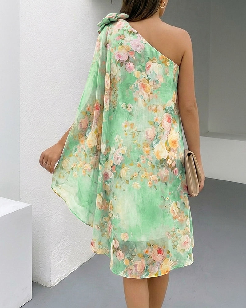 CHICME Women's Floral Print One-Shoulder Chiffon Dress 3D Floral Decor Split Sleeve Loose A-Line Mini Dress