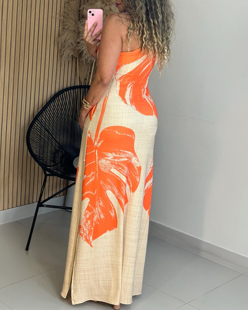 CHICME Women's Tropical Monstera Leaf Print One Shoulder Maxi Dress Side Slit Bodycon Dress with Pockets and Zipper