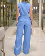 2 Pieces Outfit Pleated Design Deep V-Neck Sleeveless Asymmetrical Hem Top and Casual Elastic Waist Wide Leg Pants Set with Detachable Belt