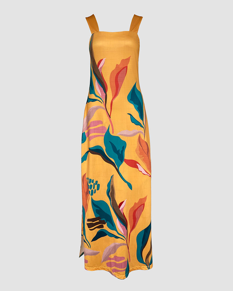 Plants Placement Print Square Neck Thick Strap Side Slit Maxi Dress Casual Vacation Dress with Pockets