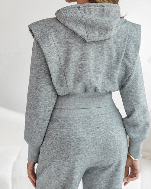 2 Pieces Outfit Long Sleeve Crop Drawstring Hoodie Sweatshirt With Thumb Hole Cuffs And Casual Drawstring Elastic Waist Wide Leg Sweatpants Set