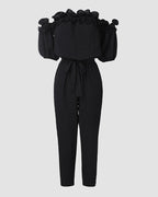 Frill Trim Off Shoulder Short Sleeve Tie Waist Overalls Casual Textured Jumpsuit