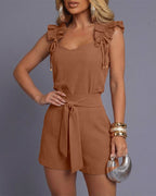 CHICME Women's 2 Piece Shorts Set Ruffle Strap Sleeveless Top and High Waisted Shorts with Pockets