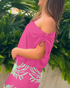 CHICME Women's 2 Piece Set Skew Neck Drawstring Top and High Waisted Wide Leg Tropical Print Pants with Pockets