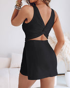 French Style Square Neck Backless Zipper Back Overalls Twist Back Ruched Slim Fit Slit Faux Two-Piece Skort Romper