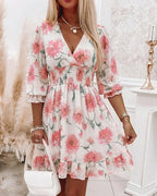 Floral Print Overlap Deep V-Neck Half Sleeve Shirred Waist A Line Dress Casual Flared Cuffs Ruffle Hem Chiffon Dress
