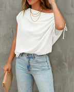 Skew Neck Drawstring Sleeve Loose Fit Casual Top