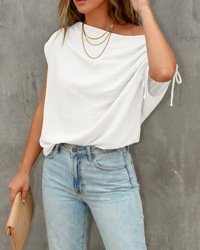 Skew Neck Drawstring Sleeve Loose Fit Casual Top