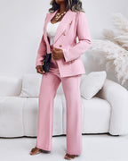 2 Pieces Outfit Notched Collar Double-Breasted Flap Detail Coat and Zipper Fly Elastic Back Waist Slim Fit Flared Pants Set Casual Blazer Set
