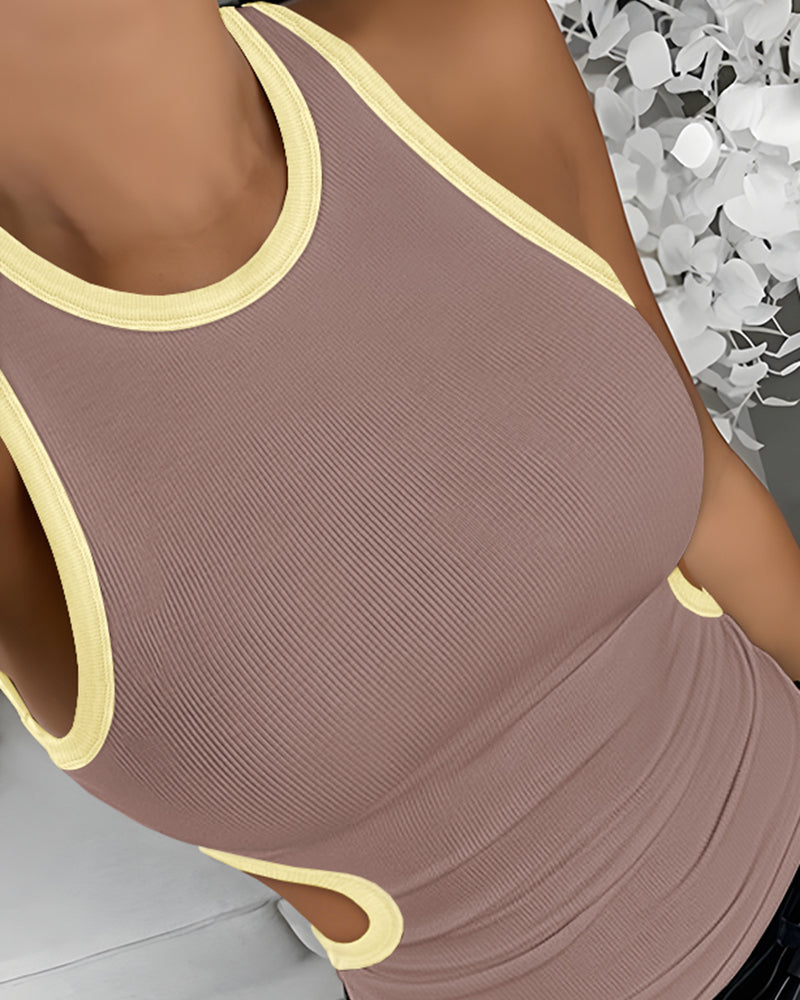 Women's Ribbed Contrast Trim Tank Top Sleeveless Crew Neck Cutout Slim Fit Stretch Casual Top