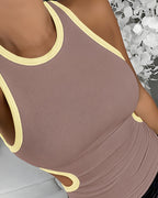 Women's Ribbed Contrast Trim Tank Top Sleeveless Crew Neck Cutout Slim Fit Stretch Casual Top