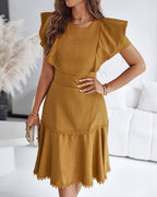 Butterfly Sleeve Hollow-out Back Shirred Dress Casual Cinched Waist Lace Trim Ruffle Hem Commuting Dress