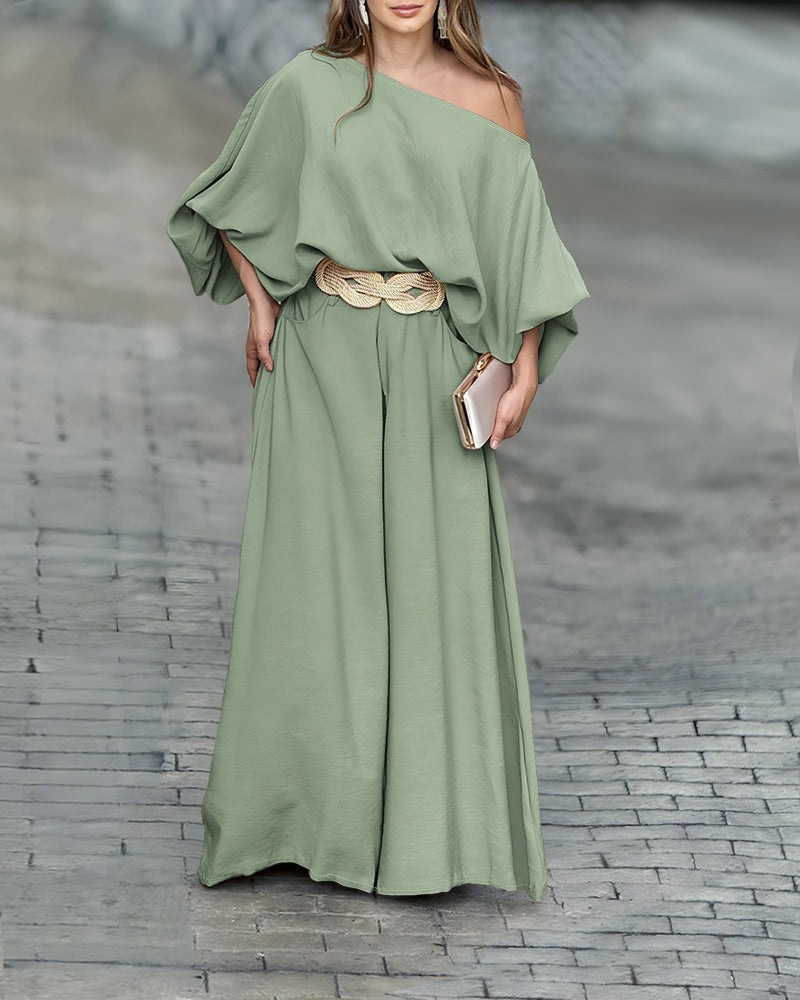 2 Pieces Outfit Turn-down Coll  Long Sleeve Button Front Satin  Shirt and Casual Vintage Floral  Print Elastic Back Waist Wide Leg  Pants Set without Belt