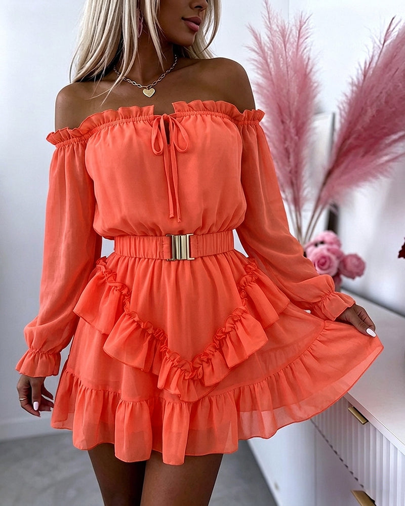 Women's Off Shoulder Frill Trim Mini A Line Dress Flowy Chiffon Ruffle Hem Party Dress with Belt & Built-In Shorts