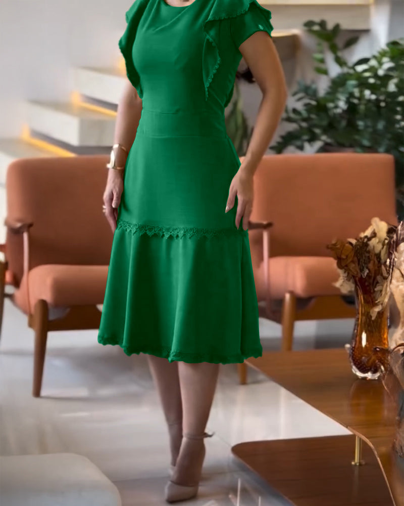 Butterfly Sleeve Hollow-out Back Shirred Dress Casual Cinched Waist Lace Trim Ruffle Hem Commuting Dress