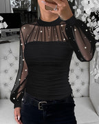 Pearls Decor Mock Neck Sheer Mesh Spliced Ruched Tee Hollow-out Back Slim Fit Textured Top