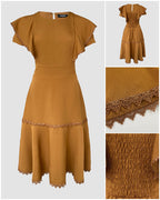 Butterfly Sleeve Hollow-out Back Shirred Dress Casual Cinched Waist Lace Trim Ruffle Hem Commuting Dress