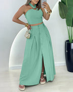 Women's Halter Two Piece Maxi Skirt Set Cross Tied Crop Top and High Waist Button Up Front Slit Skirt Suit
