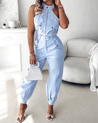 2 Pieces Outfits Sleeveless High Neck Cargo Pockets Design Top And Casual Cuffed Long Pants Set
