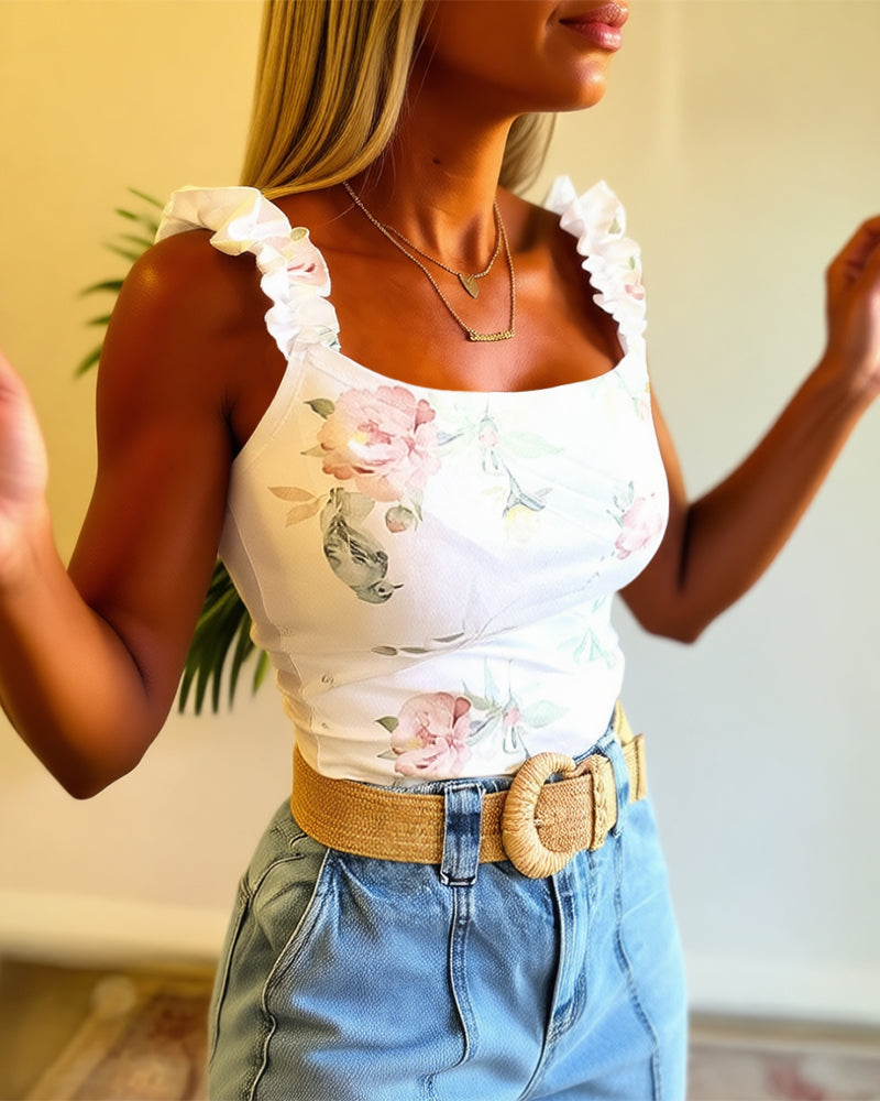 Watercolor Floral Print U-Neck Ruffles Straps Tank Slim Fit Backless Cami Top