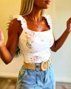 Watercolor Floral Print U-Neck Ruffles Straps Tank Slim Fit Backless Cami Top