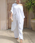 2 Pieces Outfit Button Decor One Shoulder Turn-Up Sleeves Slit Raw Edges Top and Casual Drawstring Elastic Waist Wide Leg Pants Set