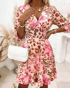 Women’s Leopard Floral Print Vacation Dress Overlap V Neck Shirred Waist Ruffle Midi Dress with Lining