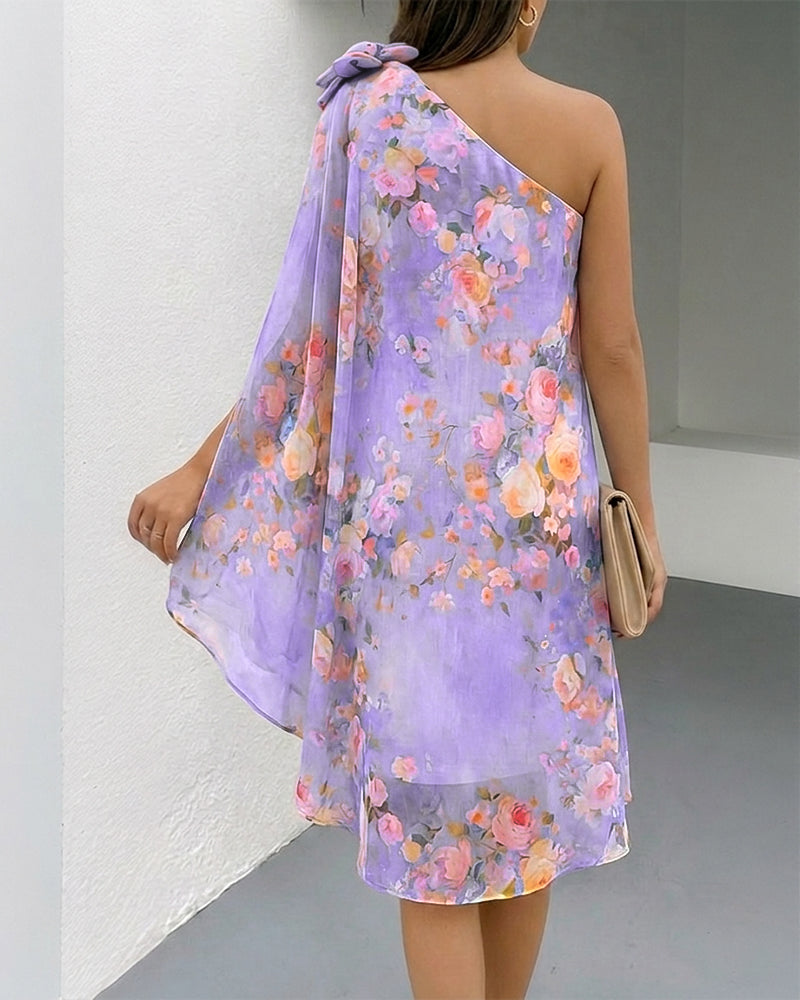 CHICME Women's Floral Print One-Shoulder Chiffon Dress 3D Floral Decor Split Sleeve Loose A-Line Mini Dress