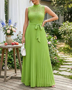 Mock Neck Sleeveless high Waist Pleated Maxi Dress Elegant Lace & Braided Spliced Zipper Back Evening Dress with Belt
