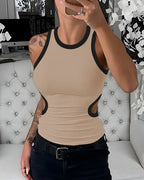 Women's Ribbed Contrast Trim Tank Top Sleeveless Crew Neck Cutout Slim Fit Stretch Casual Top