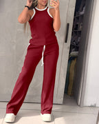 Women's Contrast Binding Knit Set Halter Tank Top and Wide Leg Pants 2 Piece Tracksuit Ribbed Loungewear