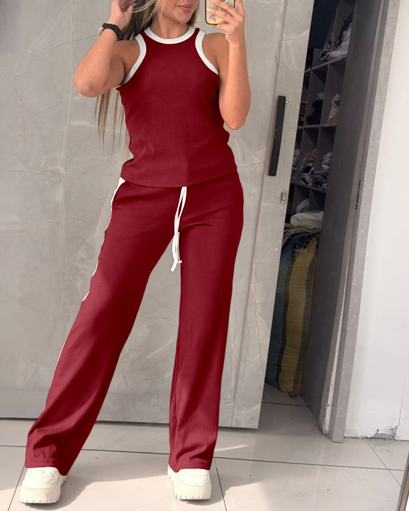Women's Contrast Binding Knit Set Halter Tank Top and Wide Leg Pants 2 Piece Tracksuit Ribbed Loungewear