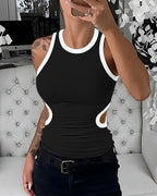 Women's Ribbed Contrast Trim Tank Top Sleeveless Crew Neck Cutout Slim Fit Stretch Casual Top