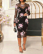 Women's 2 Piece Set Floral Print Mesh Midi Dress Rhinestone Sheer Long Sleeve Bodycon Dress with Cami Slip Dress