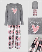 2 Pieces Outfit Good Night Slogan Print Long Sleeve Top and Plaid Print Elastic Waist Pants Set Casual Heart Print Pajamas Set