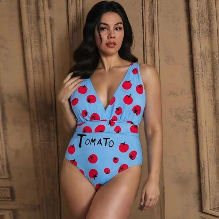 Sky Blue Fresh & Fun Tomato Print One-Piece Swimsuit&Skirt