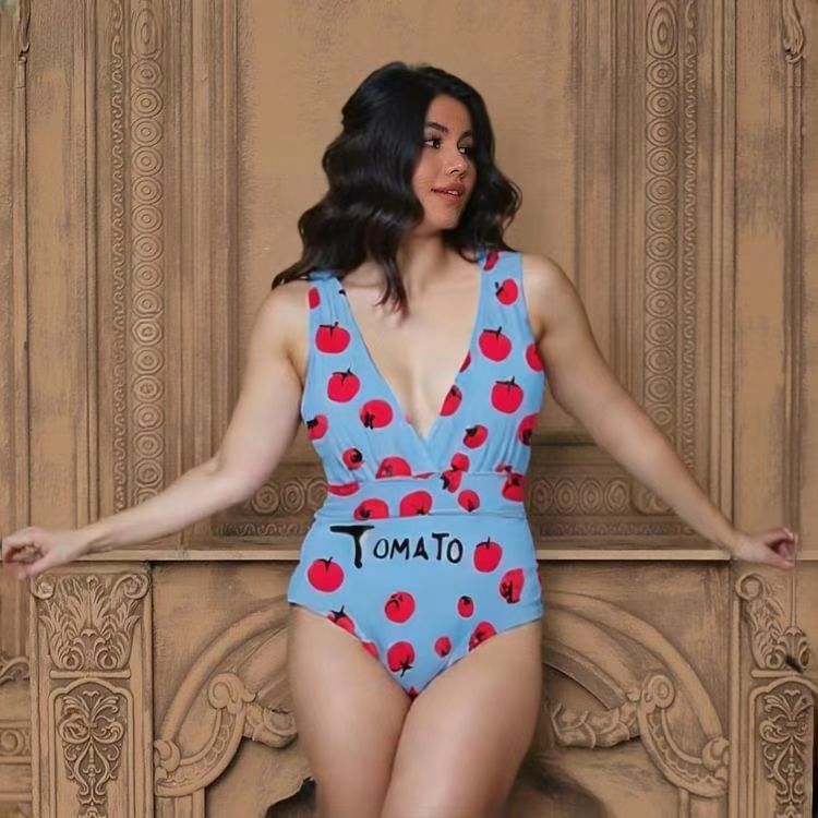 Sky Blue Fresh & Fun Tomato Print One-Piece Swimsuit&Skirt