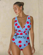 Sky Blue Fresh & Fun Tomato Print One-Piece Swimsuit&Skirt