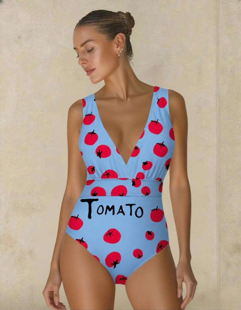 Sky Blue Fresh & Fun Tomato Print One-Piece Swimsuit&Skirt