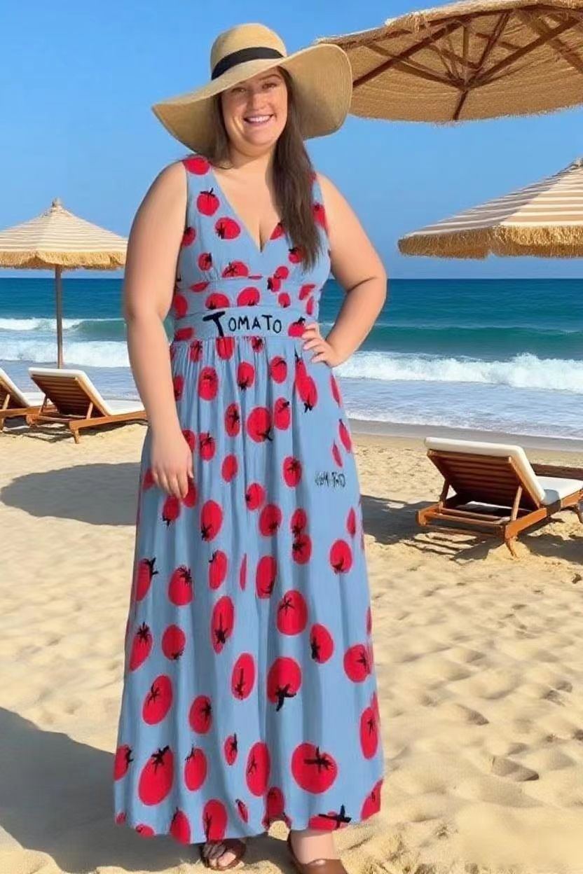 Sky Blue Fresh & Fun Tomato Print One-Piece Swimsuit&Skirt