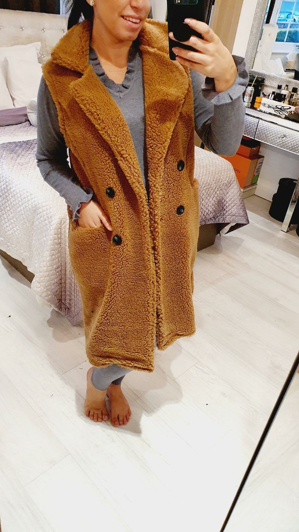 Akira Tan Oversized Longline Teddy Gilet