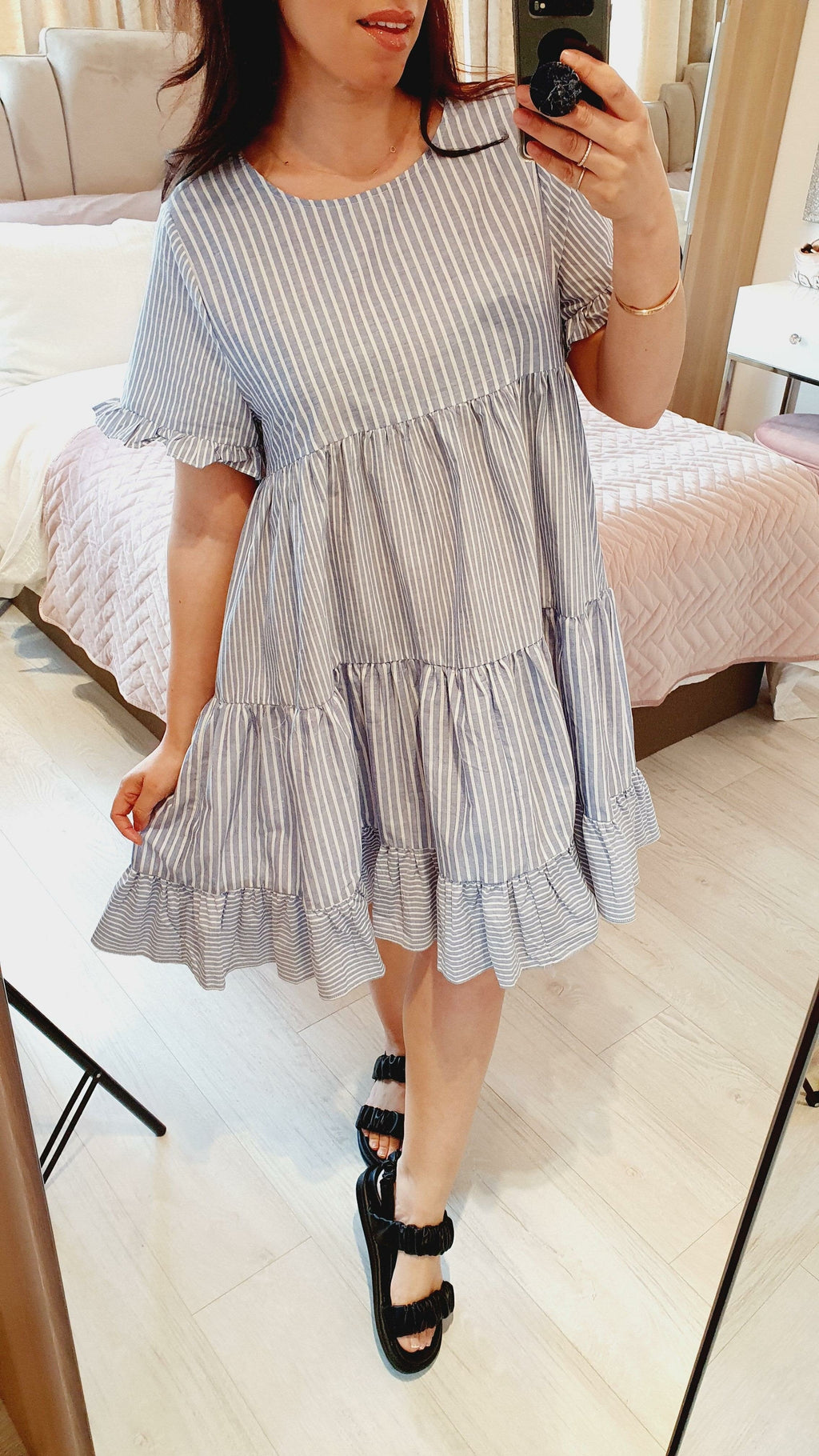 Nia Baby Blue Striped Ruffle Detailed Tiered Dress