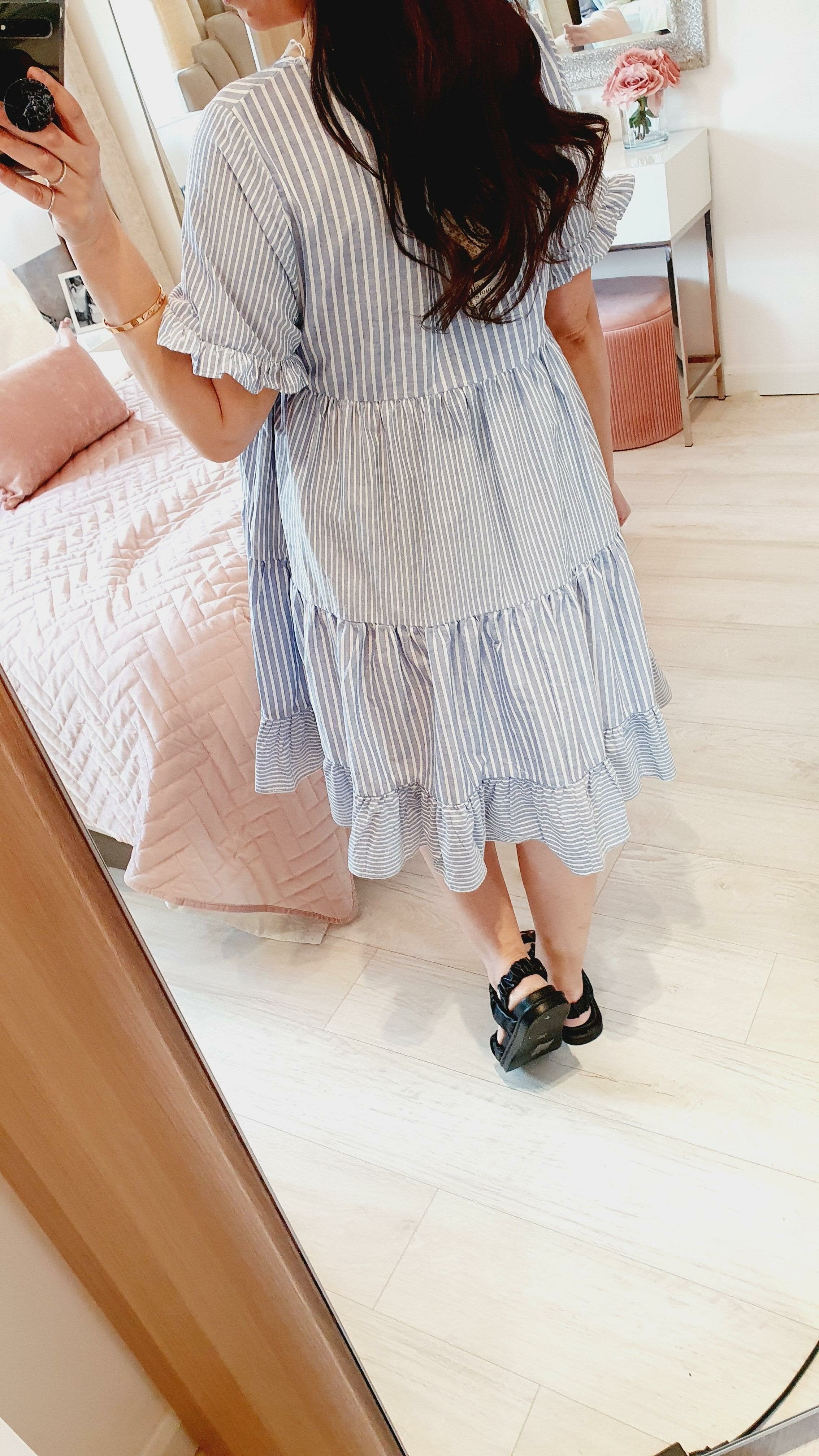 Nia Baby Blue Striped Ruffle Detailed Tiered Dress