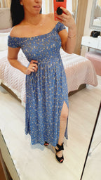 Lewis Blue Floral Print  Elasticated Split Maxi Dress