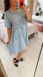 Aziel Light Denim Leopard Print Dipped Hem Glitter Dress